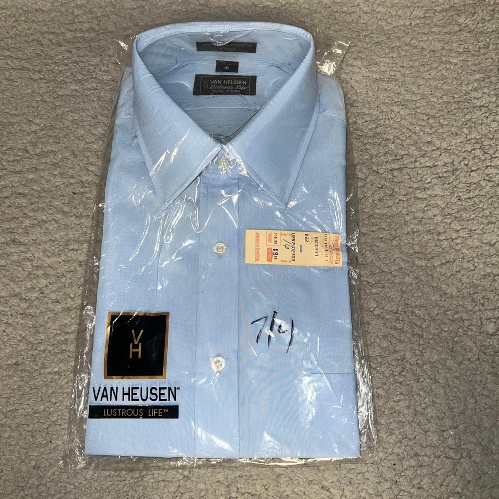 NWT Van Heusen Dress Shirt Men's Sz 16 Blue Lustrous Life Button Down Korea Made